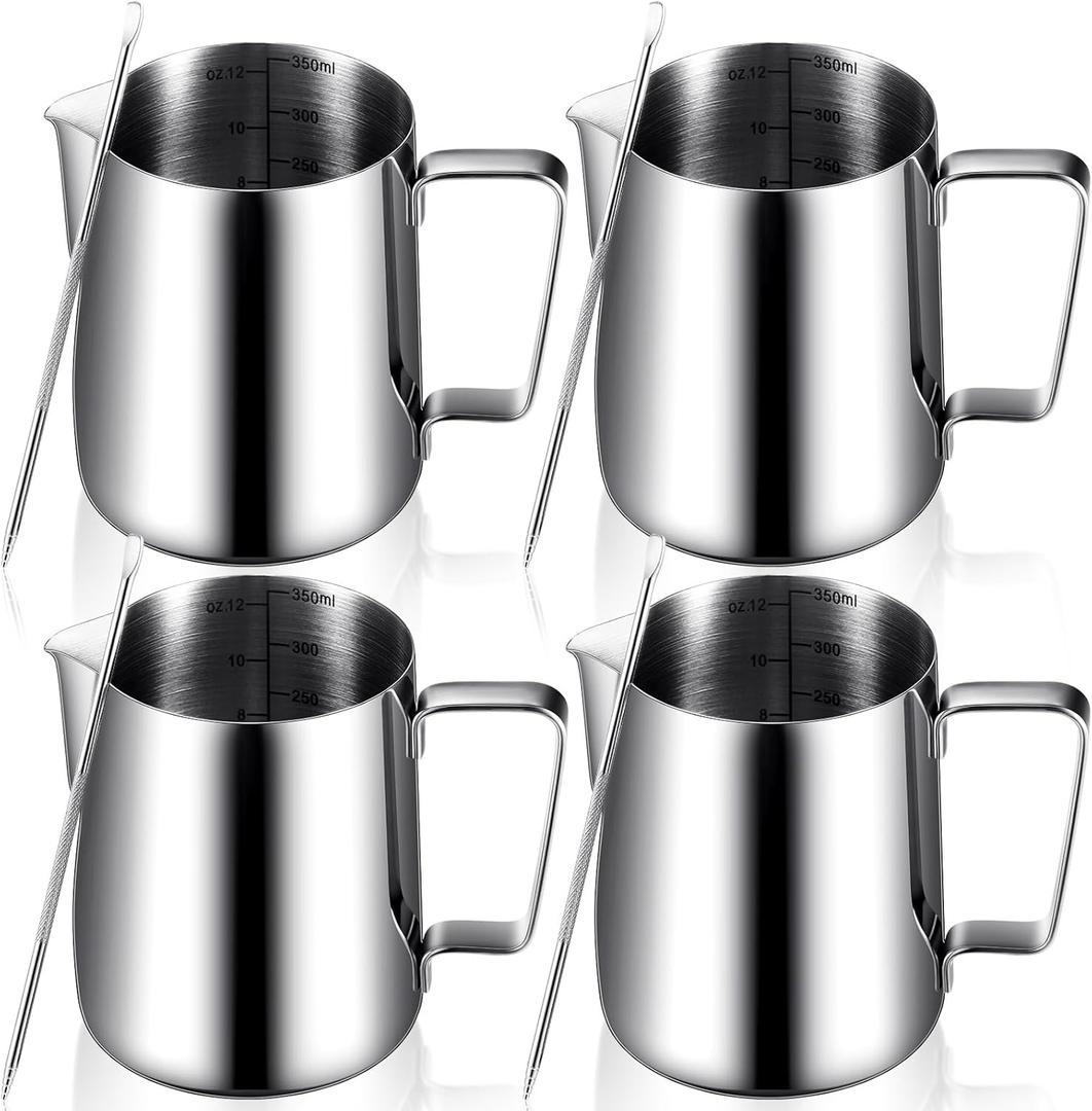 Dandat 4 Pcs Milk Frothing Pitcher 12 oz Espresso Steaming Pitcher Milk Frother Cup with Latte Art Pen Stainless Steel Coffee Bar Espresso Machine Accessories Cappuccino Barista Tools