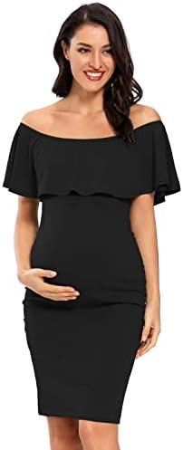 Jezero Women's Maternity Dress Off Shoulder Ruffle Sleeveless Bodycon Dress for Baby Shower L