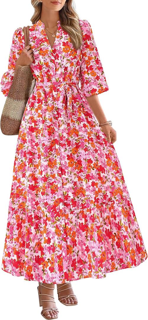 MASCOMODA Womens Floral Maxi Dresses Boho Summer Casual V Neck 3/4 Puff Sleeve Button Down Tie Waist Long Flowy Shirt Dress (Pink, M)