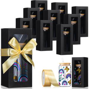 Honoson 24 Pcs Tumbler Gift Box with Ribbon for Sublimation Glass Exhibition Boxes Transparent for 12oz 16oz 20oz Drinking Cup Glasses Jars Mug Can Blanks (Black)