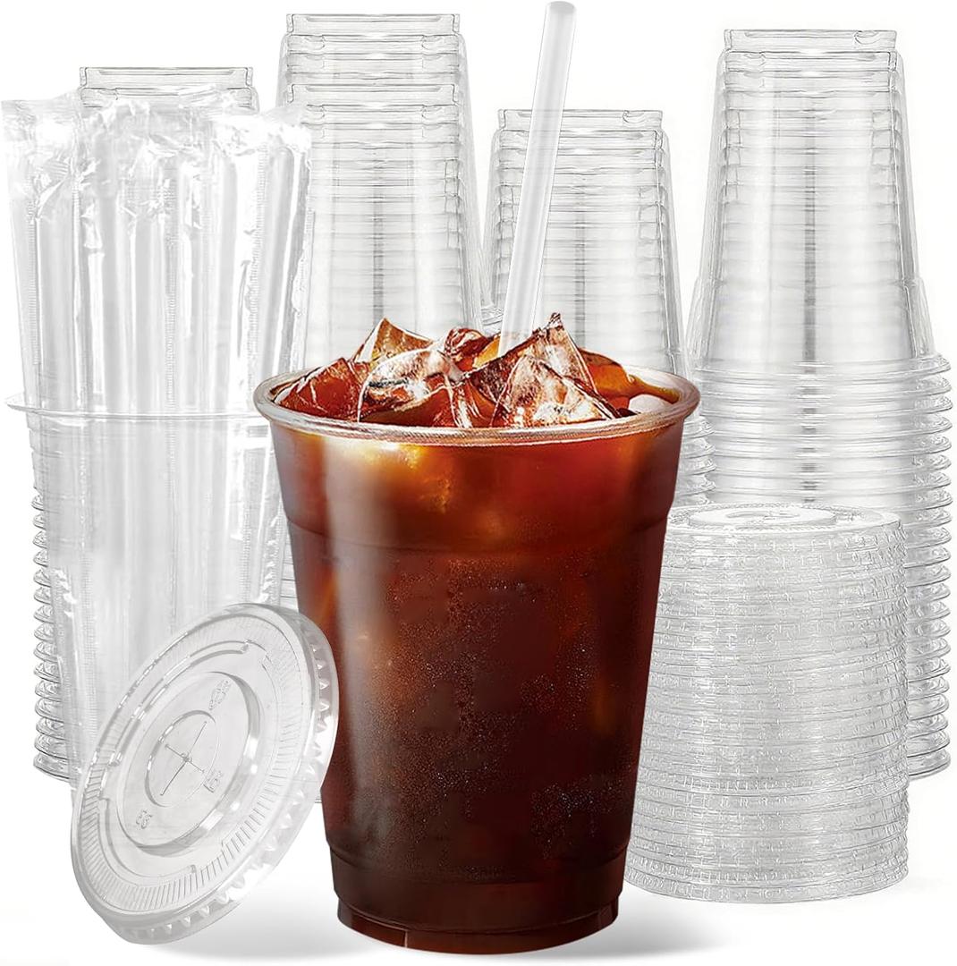 100 Pack 12 oz Clear Plastic Cups with Lids and Straws, Disposable Plastic Coffee Cups with Lids, Party Cups for Iced Coffee, Smoothies and Cold Drinks