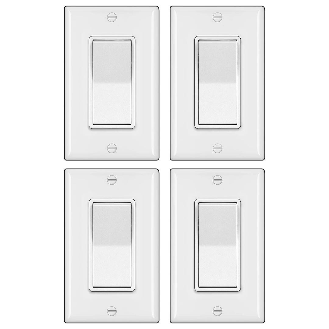 BESTTEN 4 Pack 3-Way Decorator Light Switch with Wallplate, 15A 120/277V, On/Off Rocker Paddle Interrupter, Electrical Wall Light Switches, Single Pole or Three Way, UL Listed, White (White)