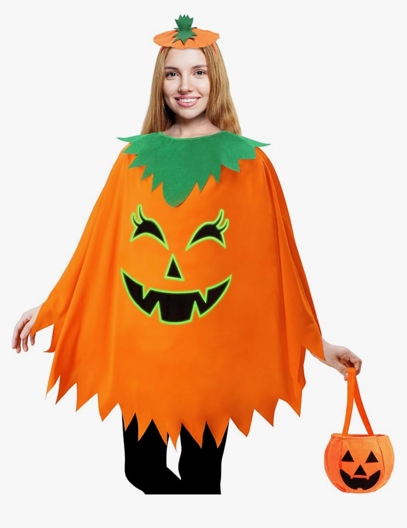 3 Pcs Pumpkin Costume for Adult,Glow in the Dark Pumpkin Costume Women with Headband/Bag,Pumpkins Halloween Costume Dress Up