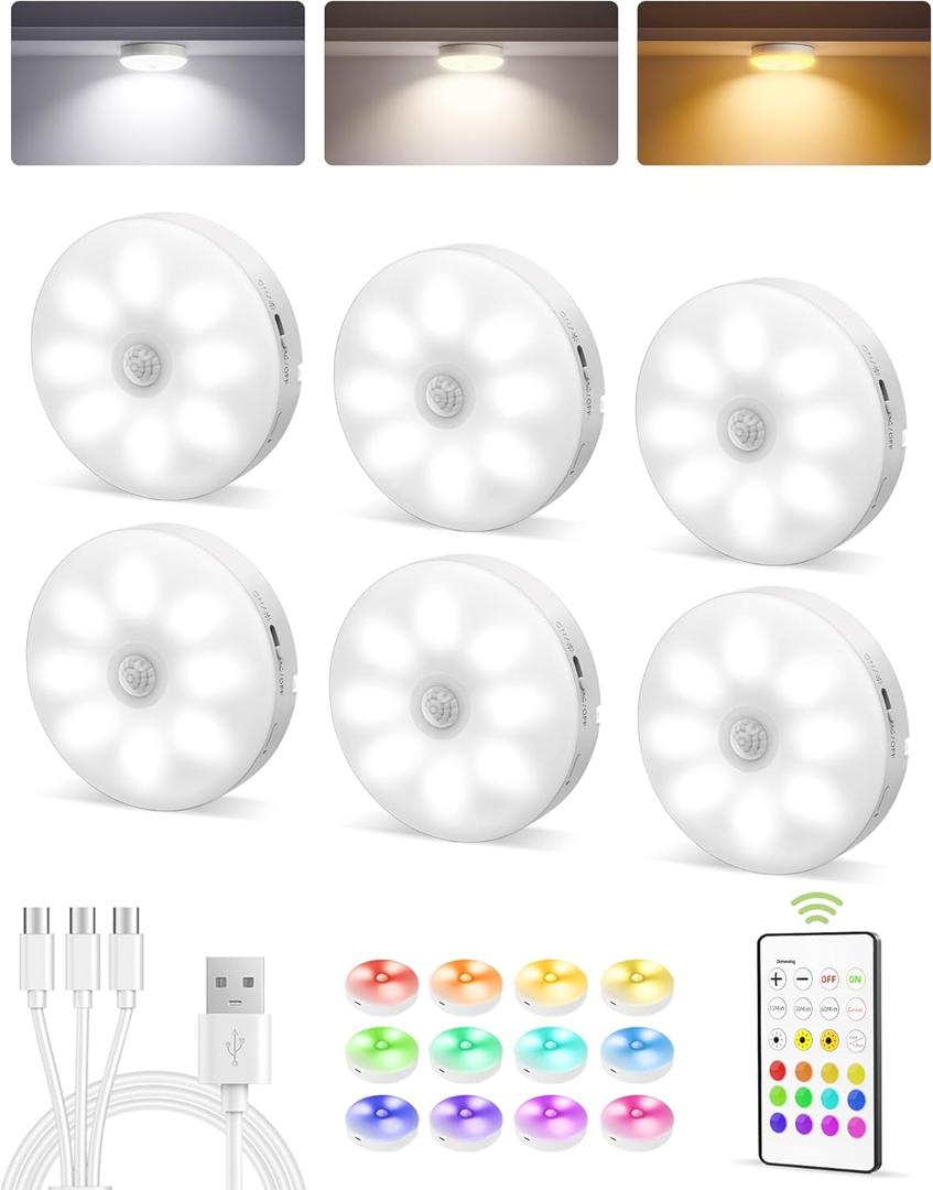 EZVALO 6-Pack Under Cabinet Lighting, Rechargeable Motion Sensor Puck Lights with Remote, 3 Color Temps &12 RGB Colors, Magnetic Stick on Light, Dimmable Under Counter Lights for Kitchen, Shelf, Stair (White)