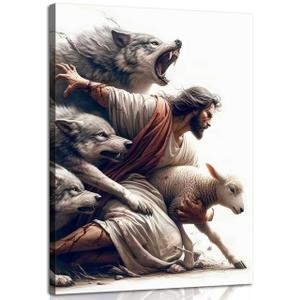 Framed Jesus and Lamb Wall Art Jesus Protecting Lamb from Wolves Canvas