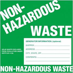 Non-Hazardous Waste Labels, 6 x 6 inches, Green/White, Self-Adhesive Vinyl, Pack of 25