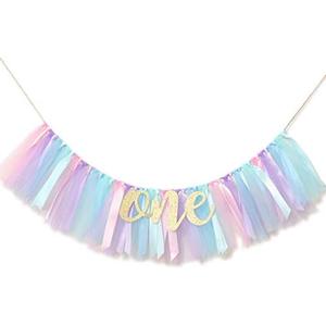 WAOUH Baby Girl Banner for 1st Birthday - Highchair Banner for First Birthday Decoration, Cake Smash Photo Prop, Tulle Garland Banner (Light Aqua and Light Blue)