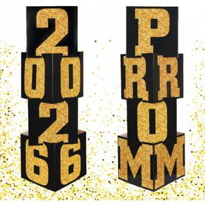 Queekay 8 Pcs Prom Column Standup Photo Booth Decorations 2026 Prom Backdrop Balloon Boxes Cardboard Decoration Column for Party College, 11.8 x 44.9 Inch(Gold, Black)