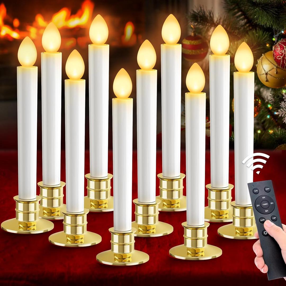 OCATO Christmas Window Candles Lights: 10 Pack Flameless Candles Battery Operated Candles with Remote Control Timer Christmas Decorations Taper LED Candle Gold Holders for Window Decor Party Table Top (White)