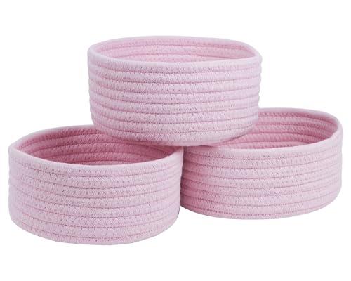 Small Storage Basket, Set of 3 Woven Baskets, Cotton Rope Small Baskets for Organizing, Cute Mini Tiny Round Basket, Bathroom Organization Bin (Pink)