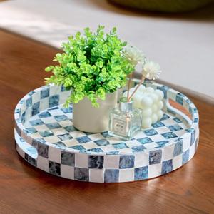 CHI AN HOME 12.6" Round Decorative Tray with Handles, Checkered Capiz Mother of Pearl Serving Tray for Coffee Table, Kitchen Counter, or Bathroom (Navy Blue)