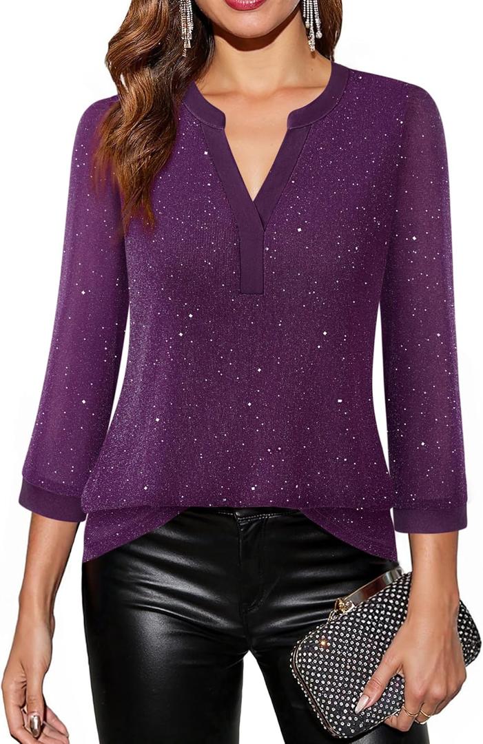 Timeson Women's 3/4 Sleeve Blouses Casual V Neck Dress Shirts Double Layers Mesh Tunics Tops (X-Large)