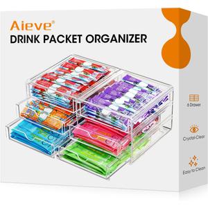 AIEVE Drink Packet Organizer, Stackable Storage Drawers for Tea Bag Organizer, Water Packet Holder with 6 Drawers Acrylic Bins for Kitchen Cabinets Pantry Office Organization
