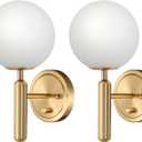 Dimmable Wall Sconces with Knob Switch Hardwired Bathroom Wall Light Set of Two Decor Indoor Glass Globe Shade Gold Mid Century Modern Wall Lamp for Bedside Bedroom Living Room