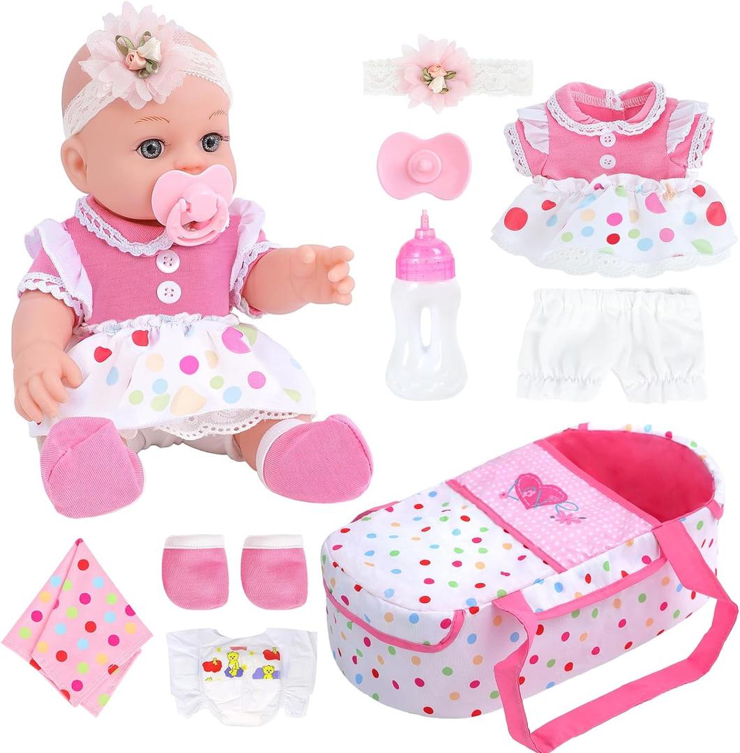 DONTNO 12 Inch Baby Doll with Bassinet Bed, Reborn Alive Doll Includes Clothes and Accessories, Bottles, Nipple, Diaper, Burp Cloth, First Baby Dolls for Toddlers 36 Months and Up