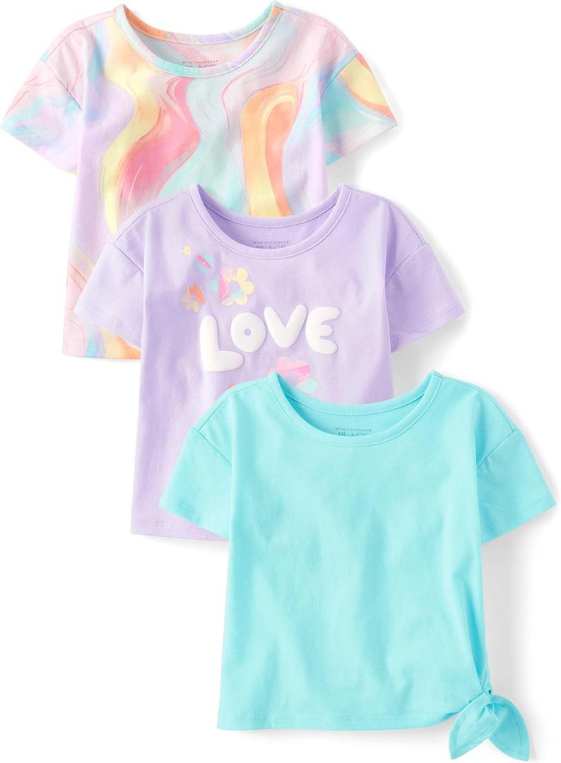The Children's Place Baby Girls' and Toddler Short Sleeve Everyday Casual Knit Shirt (2T, Purple Ribbon 3-pack)