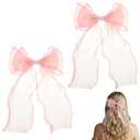 2Pcs Large Hair Bow Clips for Women, Pink Silk Yarn Ribbon Bow Hair Barrette, Silky Satin Bows Hairs Clips Elegant Long Tail Bowknot French Hairs Accessories for Wedding Parties Festivals