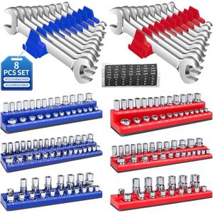 8PS Magnetic Wrench and Socket Organizer Set, Tool Trays 1/4", 3/8", 1/2" Tool Box Organizer, Metric Holder(Socket, Wrench not Included)