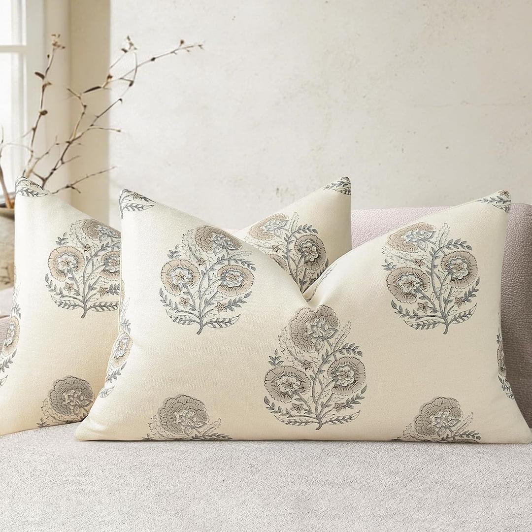YCOLL Vintage Floral Print Pillow Covers 12x20 Set of 2 Patterned Accent Decorative Cushion Covers Modern Farmhouse Throw Pillow Covers for Sofa Couch Chair Bed Living Room Home Decor, Light Taupe