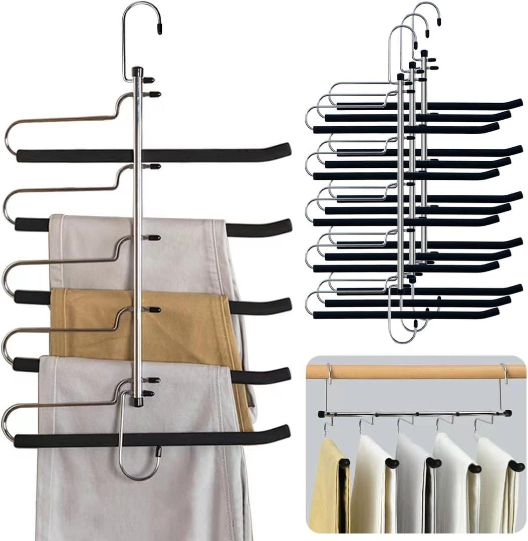 4 Pack Magic Pants Hangers Space Saving Heavy Duty Slacks Jeans Trouser Hanger, Non-Slip Foam Padded 5 Layers, Multi-Purpose Premium Metal Closet Organizer for Leggings (Silver Black)