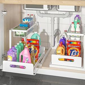 bukfen Under Sink Organizer, Pull Out Cabinet Organizer 2Tier Slide Out Sliding Shelf Under Cabinet Storage MultiUse for Under Kitchen Bathroom Sink Organizers and Storage,White,1 Pack