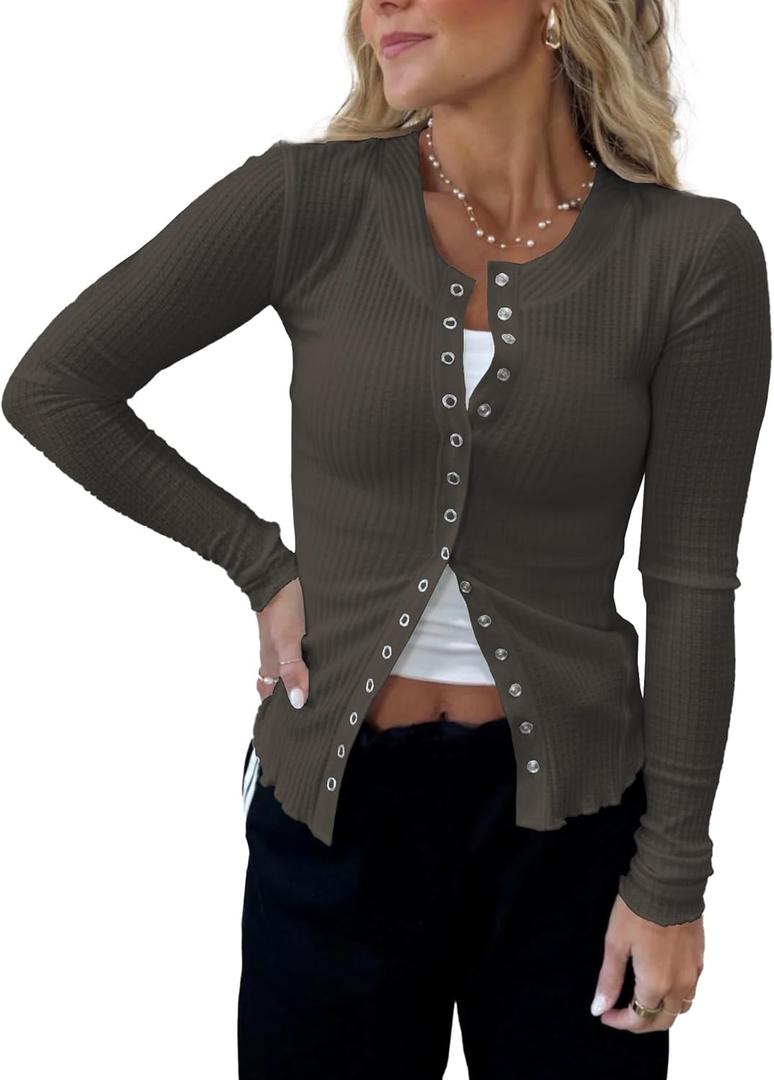 Women's Long Sleeves Snap Button Down Blouses Stretchy Waffle Knit Basic Crew Neck Shirts (Medium, Army Green)