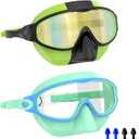  Swim Goggles for Kids 3-15 with Earplugs Large Frame Anti-Fog/UV Swimming Goggles for Boys Girls Toddler 2PCS (Blue & green and Black)