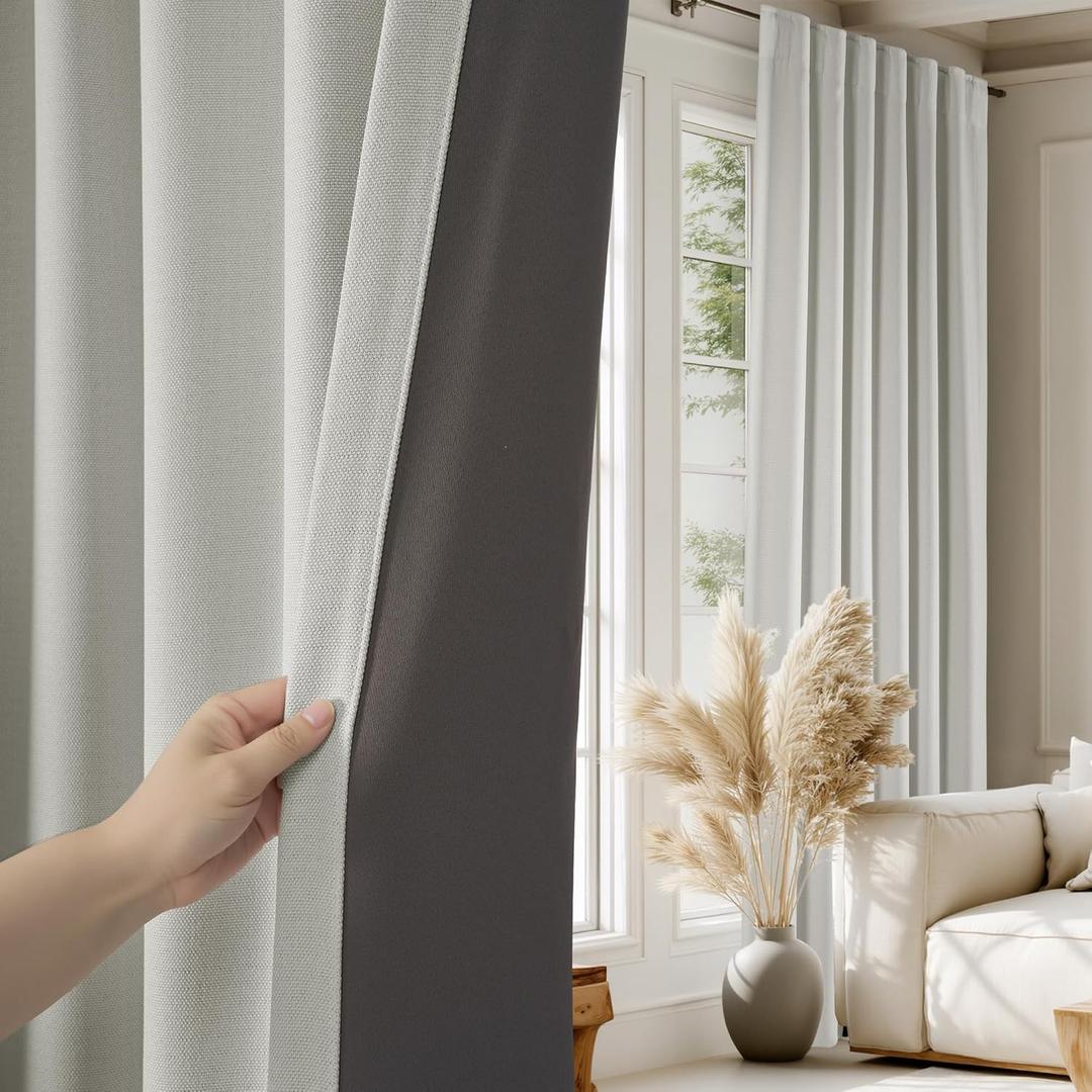 NICETOWN 2 Panels Faux Linen 100% Blackout Curtains for Living Room, Rod Pocket/Back Tab/Hook Belt Room Darkening Window Treatment with Liner Thermal Curtains for Bedroom, Natural, W50 x L96