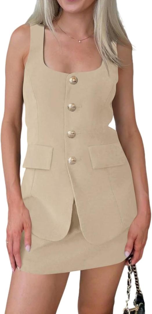 Cicy Bell Womens Summer 2 Piece Outfits Sleeveless Scoop Neck Fitted Blazer Vest Matching Set Mini Skirt Short Suit Work Sets (X-Large, Light Khaki)