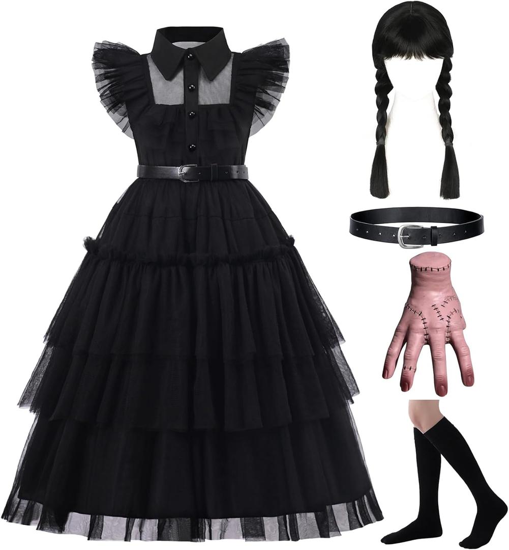 Black Costume Dress, 3-13 Years Girls Outfits with Accessories Dress Up Set, Family Halloween Cosplay Party (4-5 years)