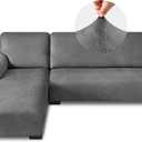 Sectional Couch Covers, Leather Look Sofa Cover L Shape 2PCS Soft Stretch Slipcover for Sectional Sofa, Non Slip Furniture Protector (3 Seat Sofa + 3 Seat Right Chaise, Grey)