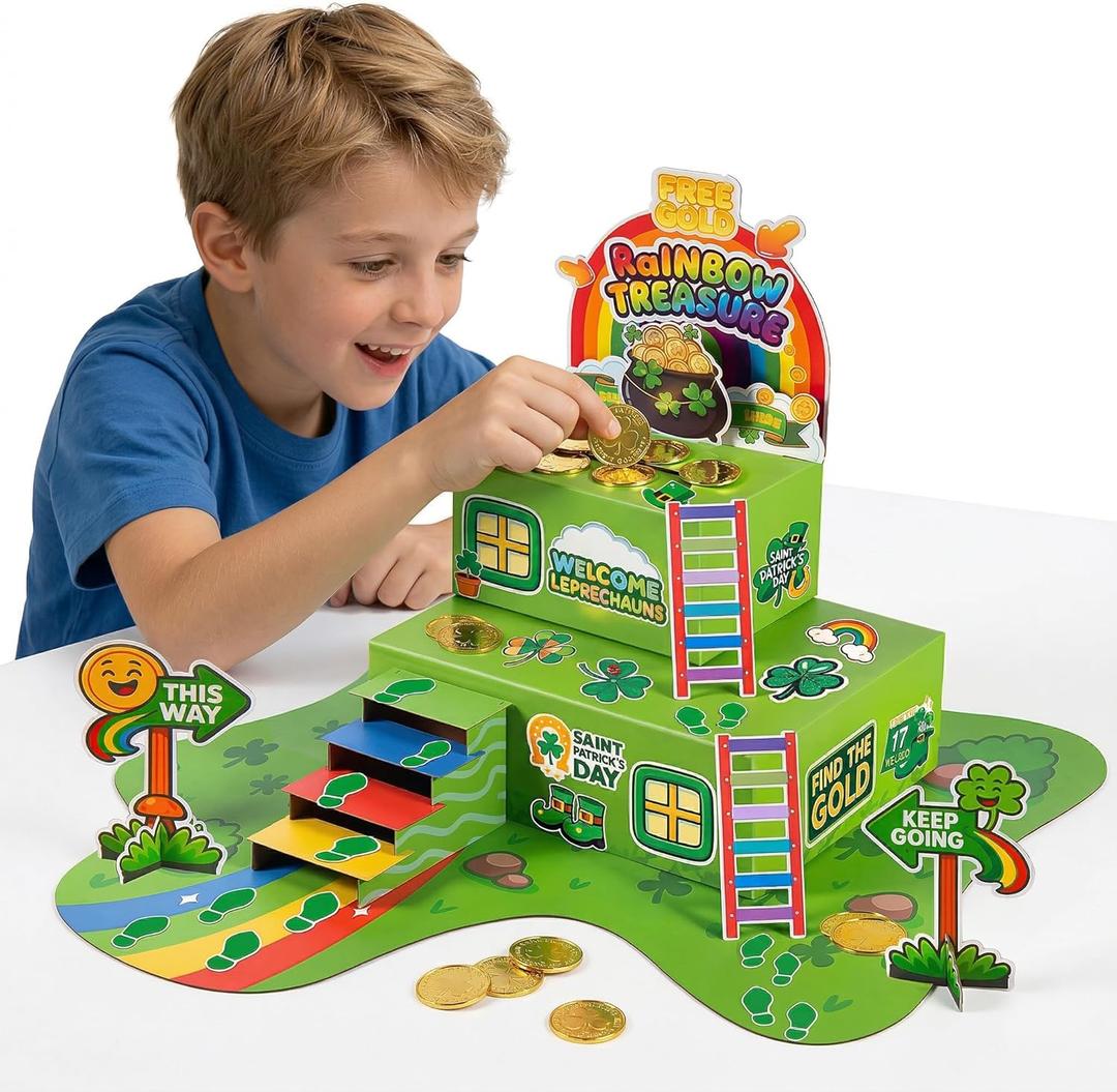 LEKSON St. Patricks Day Leprechaun Trap Craft Kit for Kids, Rainbow Treasure DIY Decoration Scene with Path, Signs & Accessories, Classroom & Holiday Activity Set (Green01)