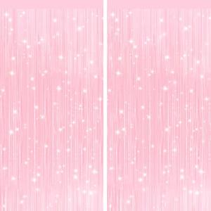 2Pack Pastel Pink Metallic Tinsel Foil Fringe Curtains, Pink Backdrop, Door Streamers Photo Booth Backdrop for Birthday Party, Tinsel Curtain Backdrop for Shower Bachelorette Xmas Party Decorations