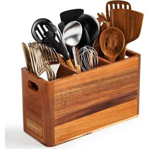 Extra Large Utensil Holder for Kitchen Counter, Acacia Wooden Utensil Holder with 4 Compartments, Kitchen Counter Organizer for Storage Spatula and Silverware, Ideal Christmas Gift for Farmhouse Decor