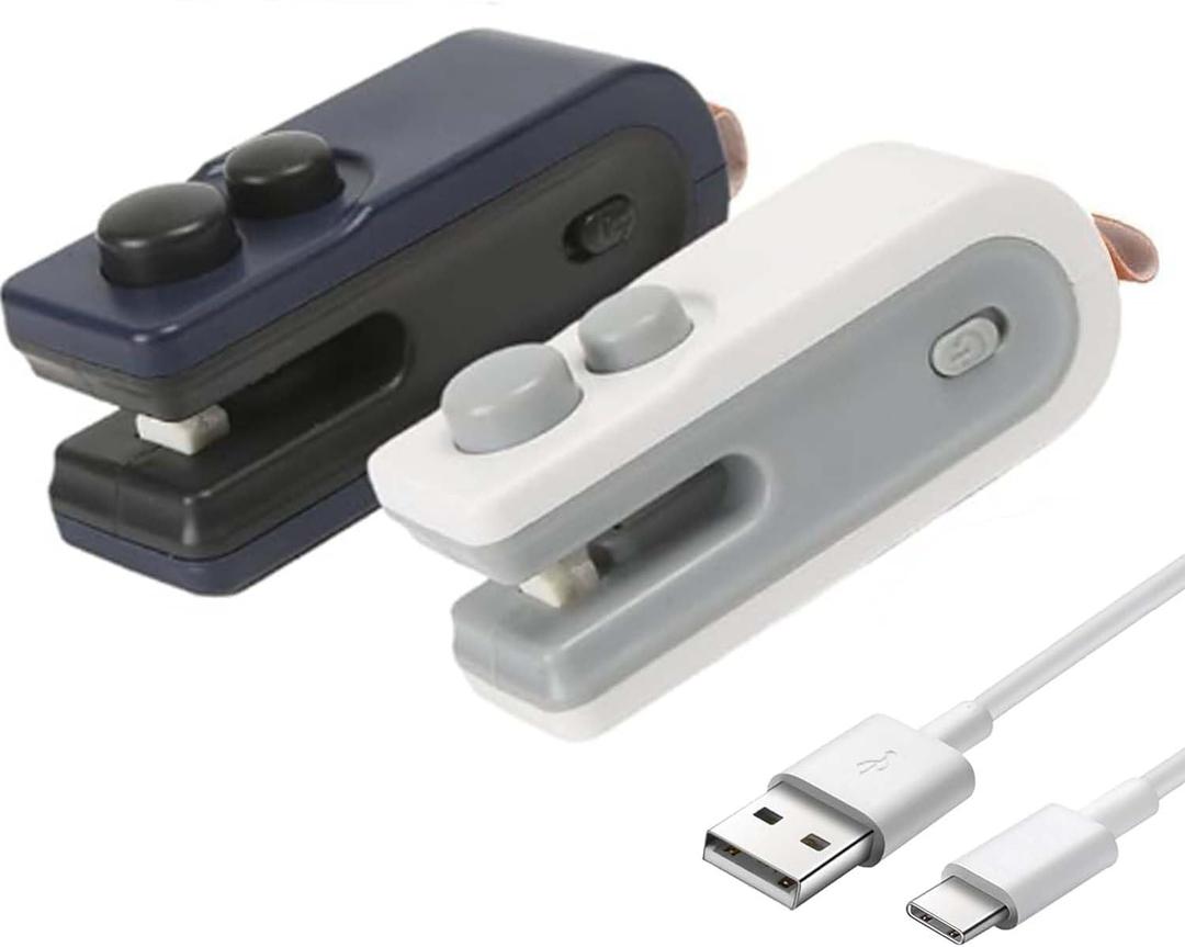 Mini Bag Sealer with Cutter and Magnet, 2-In-1 Rechargeable Mini Heat Sealer & Cutter, Magnetic Portable Plastic Resealer Bag Sealer Handheld for Snacks, Chips, Food Freshness Storage (White+Blue)