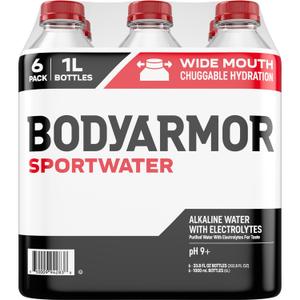 BODYARMOR SportWater Alkaline Water, High Alkaline Bottled Water, pH 9+, 1 Liter (6 Pack), Refreshing Electrolyte Water Pack, Wide Mouth Bottle