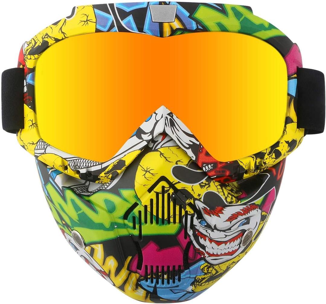 Motorcycle Helmet Riding Goggles Glasses with Removable Face Mask,Detachable Fog-Proof Warm Goggles Mouth Filter Adjustable Non-Slip Strap Vintage Bullet Fight Motocross (One Size)