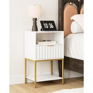 AEPOALUA Nightstand,Modern Bedside Table with One Drawer and Two Shelf，White Night Stand，Tall End Table with Gold Frame for Bedroom,Living Room,Wave