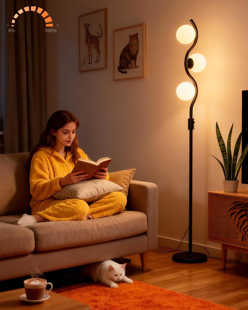 Lightdot 60IN Dimmable Black Floor Lamp Mid Century Standing Lamps with 3Pcs Warm White Bulbs Included Brightness Adjustable Modern Tall Lamp with 5Lbs Heavy Base for Bedroom/Sofa Beside/Corner Decor