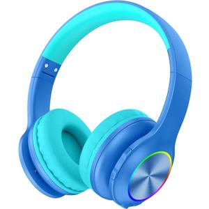 Candy Bila Kids Bluetooth 6.0 Headphones with LED Light, 85Hours Playtimes, Type-C Fast Charging, 85/94dB Volume Limited, Comfort Wireless Headphones with Built-in Mic, Wired & TF Card Mode, Blue