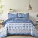 WONGS BEDDING Boho Quilt Set King, Blue Bohemian Striped Patchwork Bedspread Coverlet Set with 2 Pillowcases,Lightweight Microfiber Floral Bedding Set 104"90"