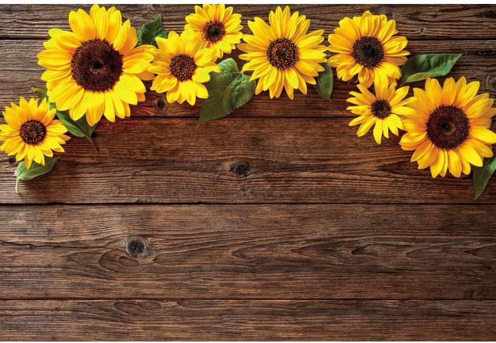Wood Plank Sunflower Background for Photography 10x8ft Vintage Brown Wooden Board Yellow Flower Photo Background Birthday Party Decor Newborn Baby Girls Adults Portrait Decor Photo Studio Props Vinyl