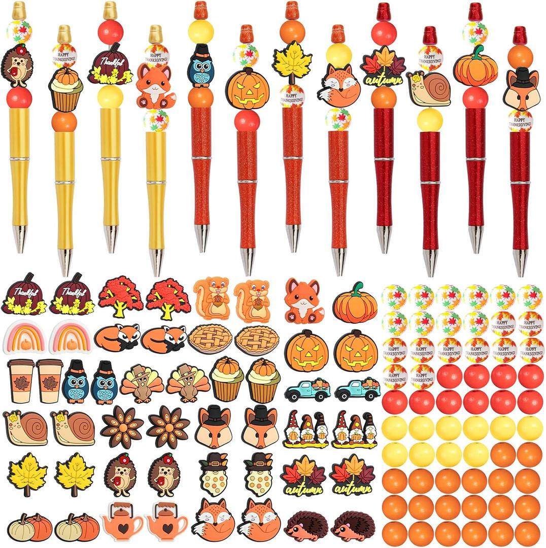 FRVCRS 122 Pcs Holiday Beadable Pens Wood Beads Bulk Ballpoint DIY Crafting Pens Making Kit with Beads for Office Supplies (Thanksgiving)