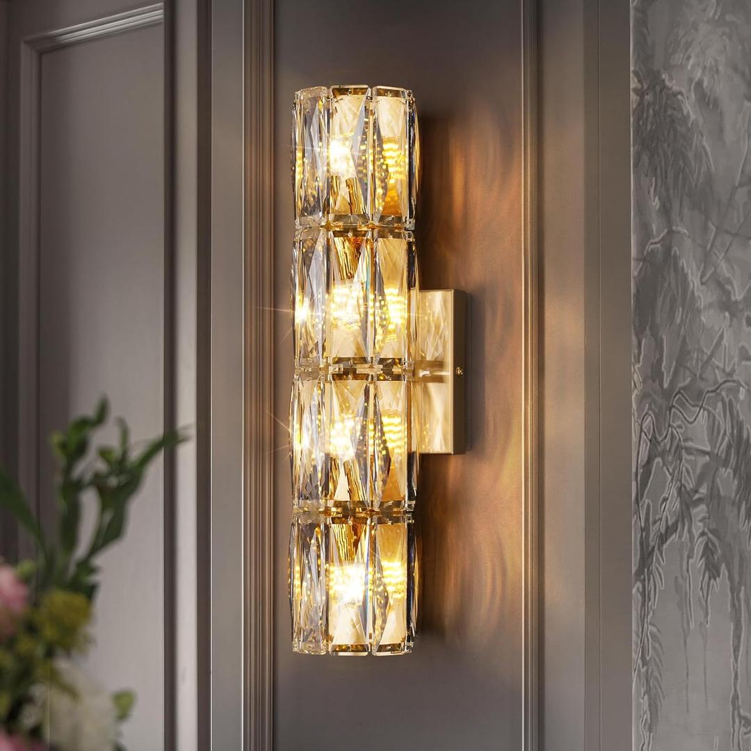 Crystal Wall Sconces Lighting, Modern Gold Wall Light Fixture, Elegant Vanity Wall Lighting Mount for Living Room Bedroom Bathroom Crystal Vanity Light Fixture for Indoor Hallway Doorway Stairway (Gold-4 Layer)