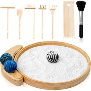 Japanese Zen Garden Kit for Desk | 9.5" Bamboo Sand Tray | 3 Resin Stamp Spheres | Meditation Accessories | 6 Mini Garden Rake | Decor Gifts, 10.5 inches x 10.2 inches x 1 inch