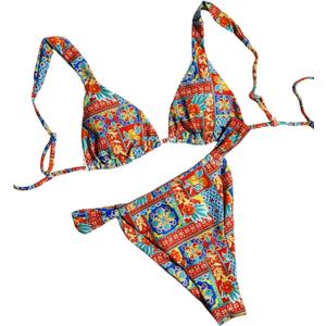 Women's High Waisted Bikini Set Floral Print Spaghetti Strap Smocked Wireless Bathing Suit Swimsuit 2 Piece Set (X-Large, Orange Blue)