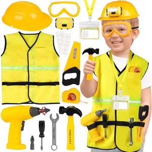 HUUIDY Construction Worker Costume for Kids, Toddler Dress Up Clothes with Kids Tool Set, Construction Vest & Hat, Helmet Light, Electric Drill, Toddler Costumes Pretend Play Toys for Boys Gift Age 4+