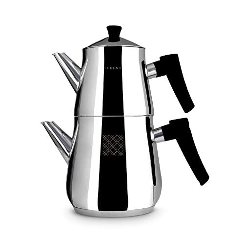 Serenk Definition Stainless Steel Teapot Set, 1L Teapot & 2L Lower Pot, Double-Stacked Design, Induction Compatible, Mirror Polished Finish, Tea Kettle for Home