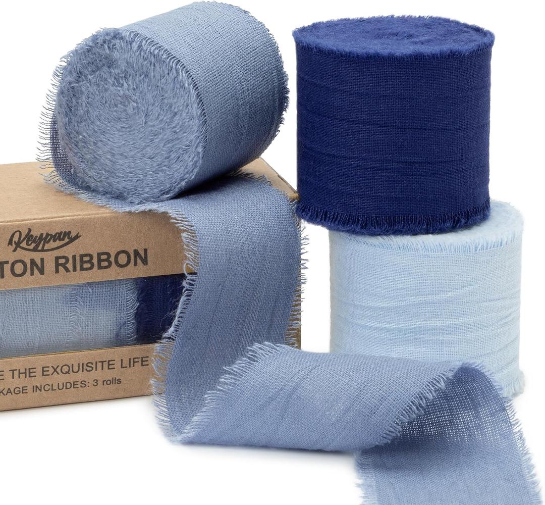 Keypan Blue Set Ribbon 1-1/2 Inch x 15 Yards Crinkle Fabric Cotton Ribbons for Gift Wrapping Wedding Invites Baby Shower DIY Crafts Home Decor