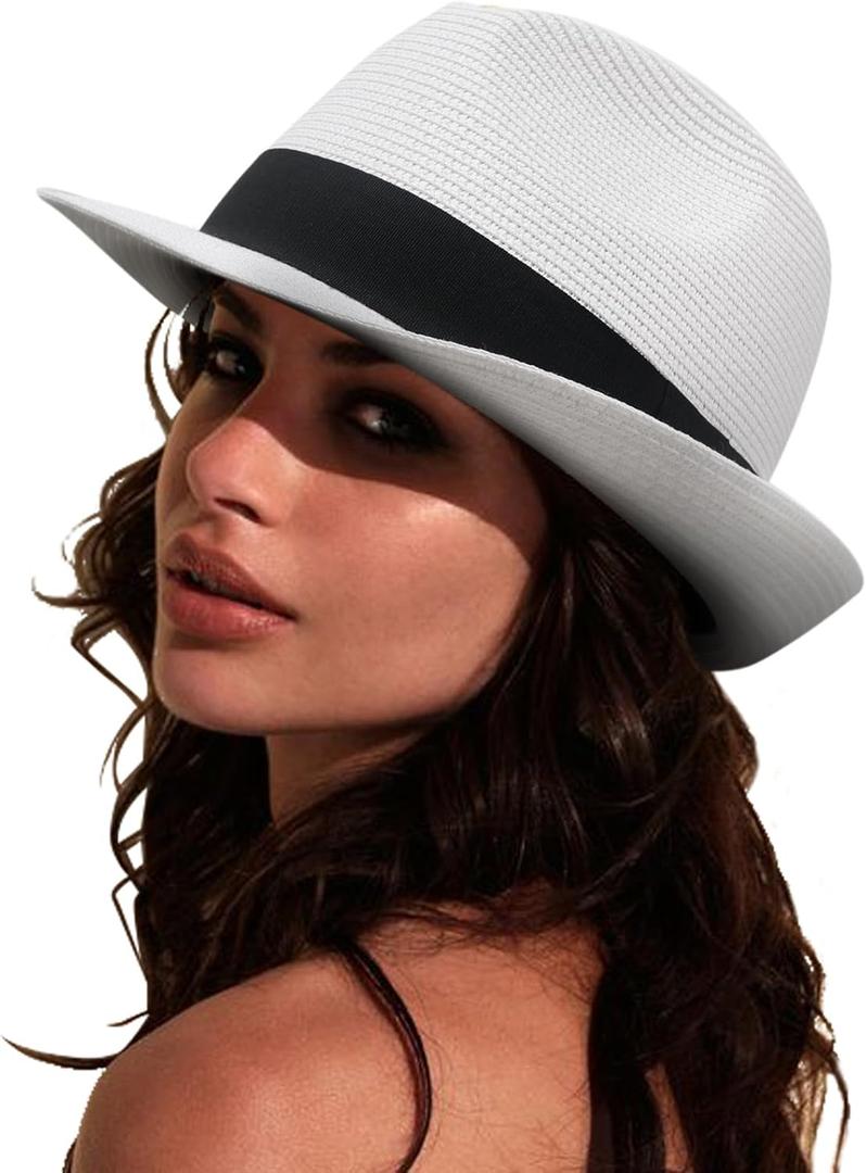 DRESHOW Women Straw Panama Hat Travel Fedora Beach Sun Hat Summer Wide Brim Straw Roll up Hats UPF 50+ (1 Pc Ribbon Straw Hat: White)